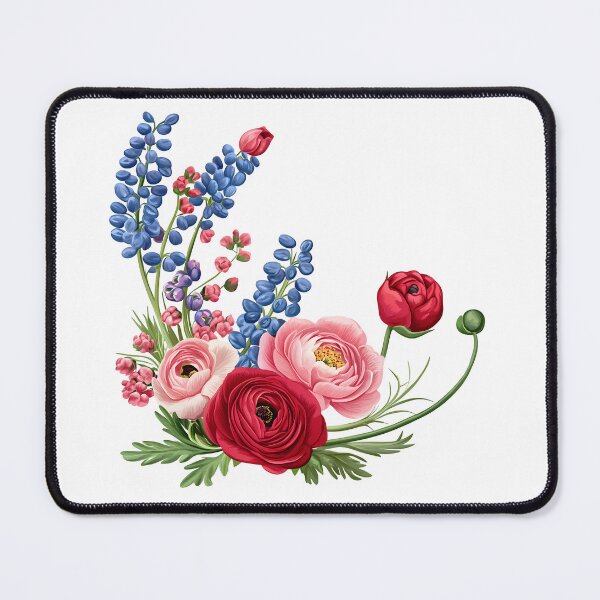 Item preview, Red Pink Ranunculus with Blue Delphinium Bouquet - Elegant Romantic Floral Art Print designed and sold by DesignArtist.ia.