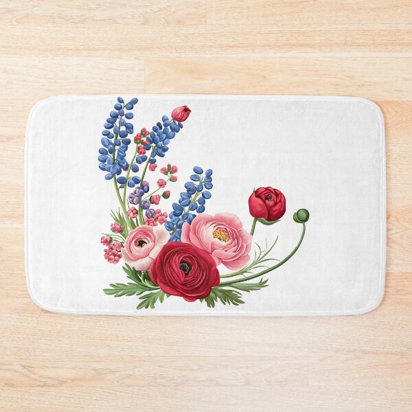 Item preview, Red Pink Ranunculus with Blue Delphinium Bouquet - Elegant Romantic Floral Art Print designed and sold by DesignArtist.ia.