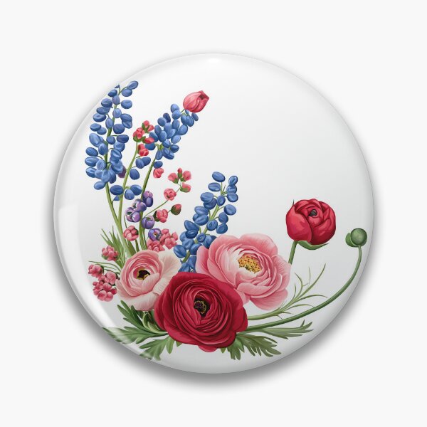 Item preview, Red Pink Ranunculus with Blue Delphinium Bouquet - Elegant Romantic Floral Art Print designed and sold by DesignArtist.ia.
