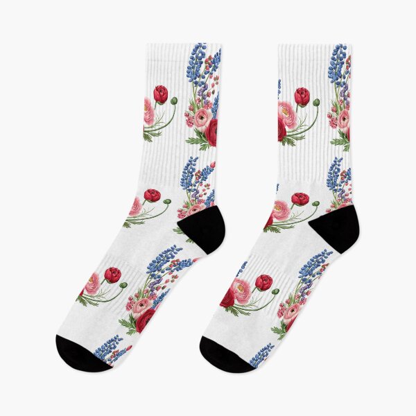 Item preview, Red Pink Ranunculus with Blue Delphinium Bouquet - Elegant Romantic Floral Art Print designed and sold by DesignArtist.ia.