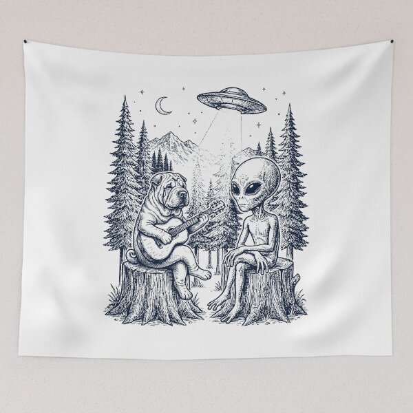 Item preview, Vintage Chinese Shar Pei Playing Guitar With Alien And UFO Dog Lover designed and sold by DoodleTortle.