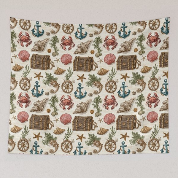 Item preview, Red Crab and Chest Nautical Illustration designed and sold by Piotrek0001.