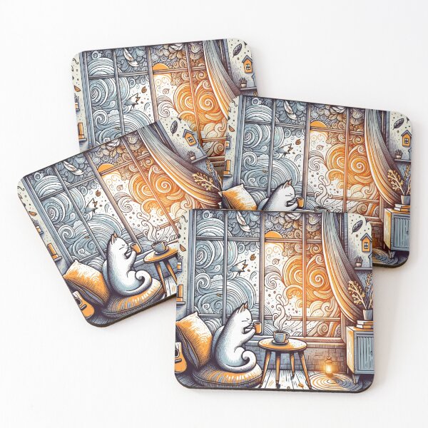 Item preview, Cozy Cat Drinking Coffee by Window Doodle - Autumn Vibes designed and sold by SheetalMourya.