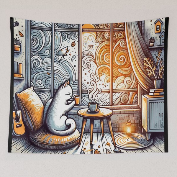 Item preview, Cozy Cat Drinking Coffee by Window Doodle - Autumn Vibes designed and sold by SheetalMourya.