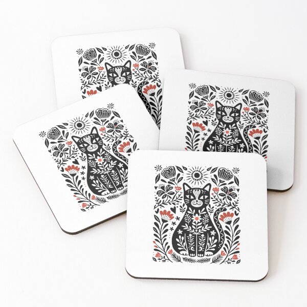 Item preview, Folk Art Cat Floral Botanical Whimsical Feline designed and sold by AntiqueImages.