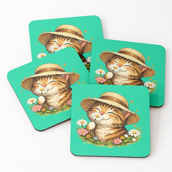 Item preview, Cute Cat in Straw Hat Sniffing Daisies - Kawaii Garden Aesthetic designed and sold by VariusDesigns.