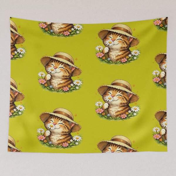 Item preview, Cute Cat in Straw Hat Sniffing Daisies - Kawaii Garden Aesthetic designed and sold by VariusDesigns.