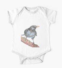 Black Bird in winter - Watercolor and sumi ink blackbird, nature, feather, black, white, gray, animals, winter, outdoors, wildlife, minimal, abstract, zen, meditative, Birds on a wire, the branch One Piece - Short Sleeve