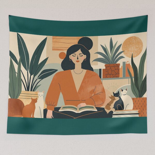 Item preview, Abstract Boho Mom With cats Plants Artistic Poster black long hair with a big knot bun designed and sold by VISO-art.