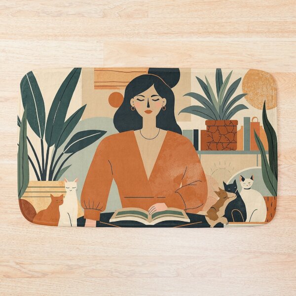 Item preview, Abstract Boho Mom With cats Plants Artistic Poster black long hair with a big knot bun designed and sold by VISO-art.