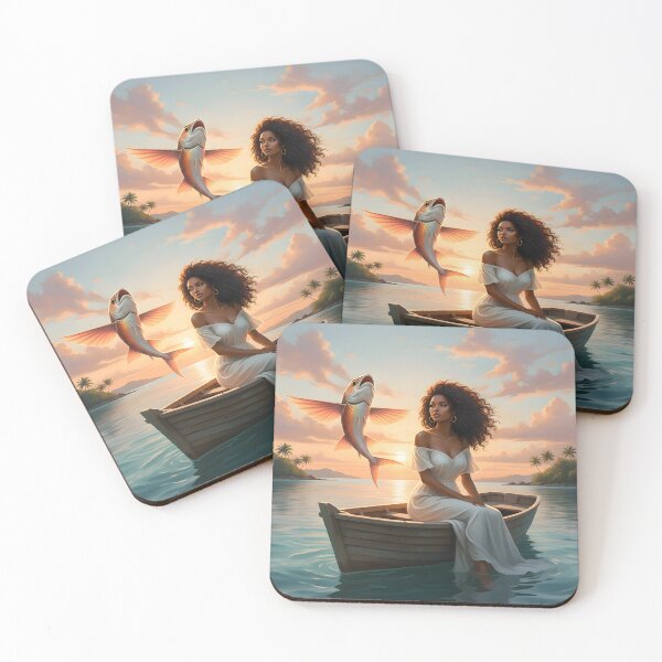 Item preview, Caribbean Surreal Woman in Boat – Tropical Sunset Ocean Dream Art with Flying Fish – Aesthetic Island Illustration designed and sold by QuietWallStudio.