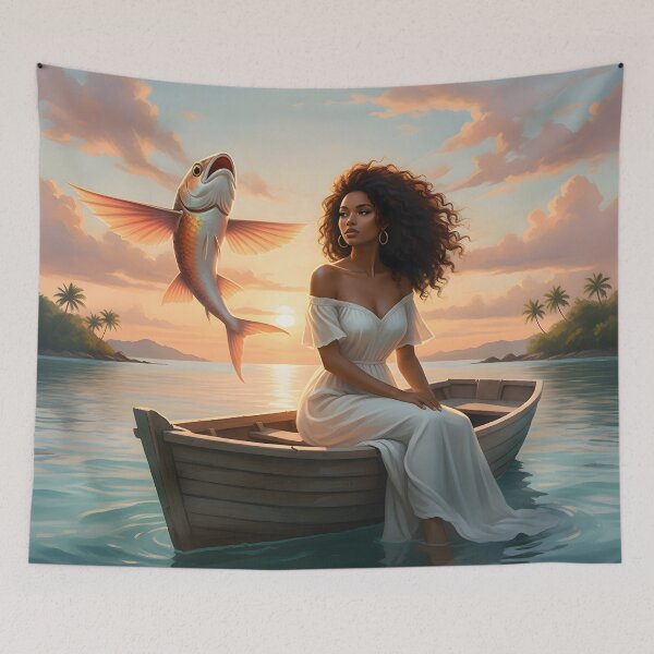 Item preview, Caribbean Surreal Woman in Boat – Tropical Sunset Ocean Dream Art with Flying Fish – Aesthetic Island Illustration designed and sold by QuietWallStudio.