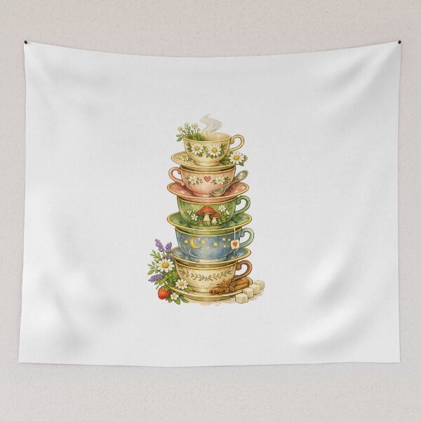 Item preview, Colorful Cottagecore Teacups – Whimsical Pastel Vintage Stack Illustration PNG designed and sold by MyTutina.