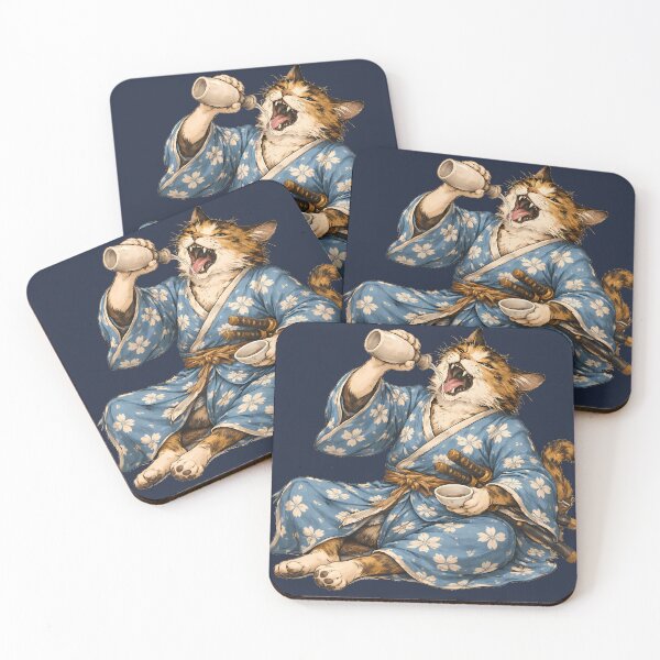 Item preview, Samurai Cat Drinking Sake – Japanese Kimono Art designed and sold by AuraloomAtelier.