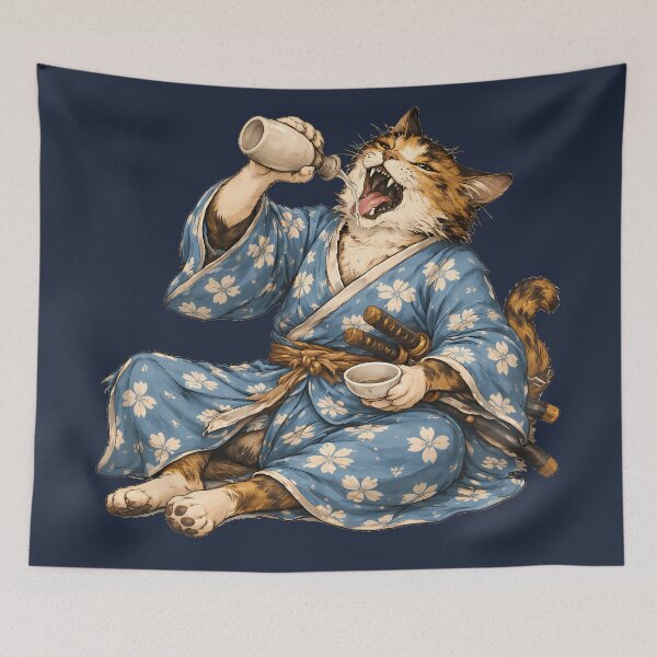 Item preview, Samurai Cat Drinking Sake – Japanese Kimono Art designed and sold by AuraloomAtelier.