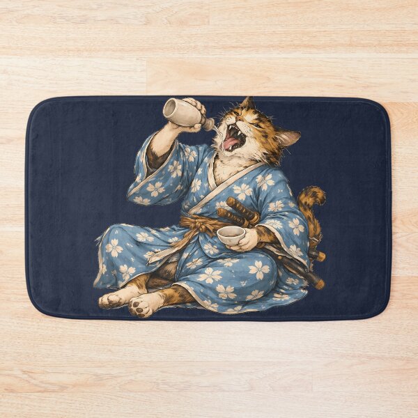 Item preview, Samurai Cat Drinking Sake – Japanese Kimono Art designed and sold by AuraloomAtelier.