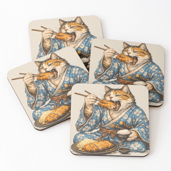 Item preview, Samurai Cat Eating Tonkatsu – Japanese Food Art designed and sold by AuraloomAtelier.