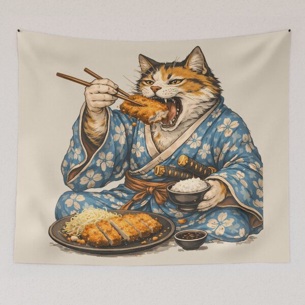 Item preview, Samurai Cat Eating Tonkatsu – Japanese Food Art designed and sold by AuraloomAtelier.