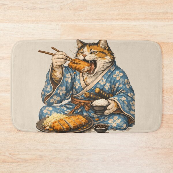 Item preview, Samurai Cat Eating Tonkatsu – Japanese Food Art designed and sold by AuraloomAtelier.