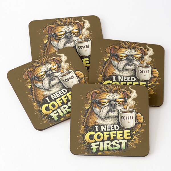 Item preview, I Need Coffee First Grumpy Bulldog Funny Coffee Lover Dog Cartoon designed and sold by UnicornDreamers.