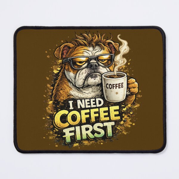 Item preview, I Need Coffee First Grumpy Bulldog Funny Coffee Lover Dog Cartoon designed and sold by UnicornDreamers.