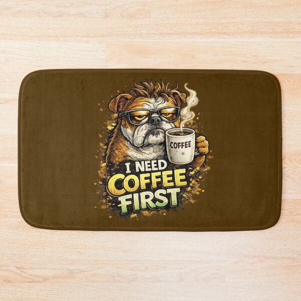 Item preview, I Need Coffee First Grumpy Bulldog Funny Coffee Lover Dog Cartoon designed and sold by UnicornDreamers.