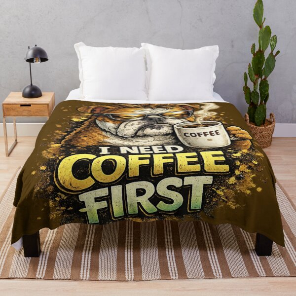 Item preview, I Need Coffee First Grumpy Bulldog Funny Coffee Lover Dog Cartoon designed and sold by UnicornDreamers.