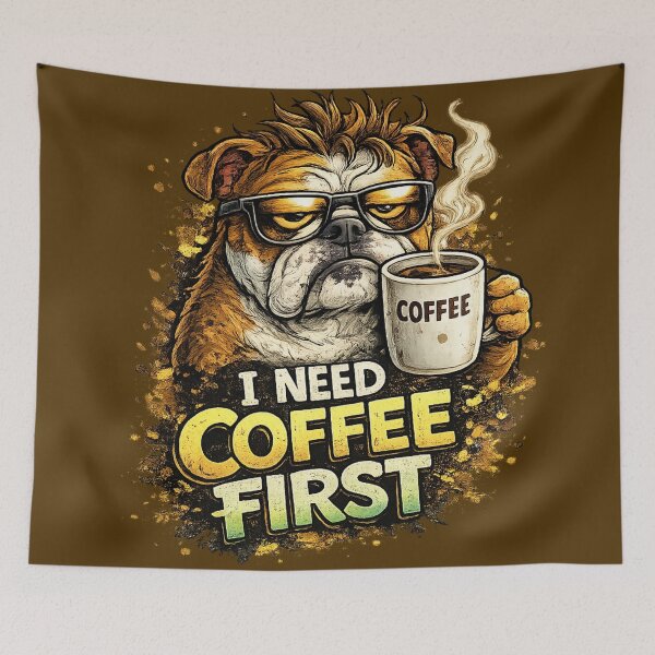 Item preview, I Need Coffee First Grumpy Bulldog Funny Coffee Lover Dog Cartoon designed and sold by UnicornDreamers.