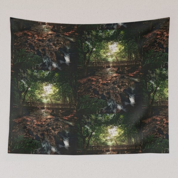 Item preview, Wooden Bridge Over Forest Stream | Sun-Drenched Nature Photography | Woodland Creek Path designed and sold by SergioMiklos.