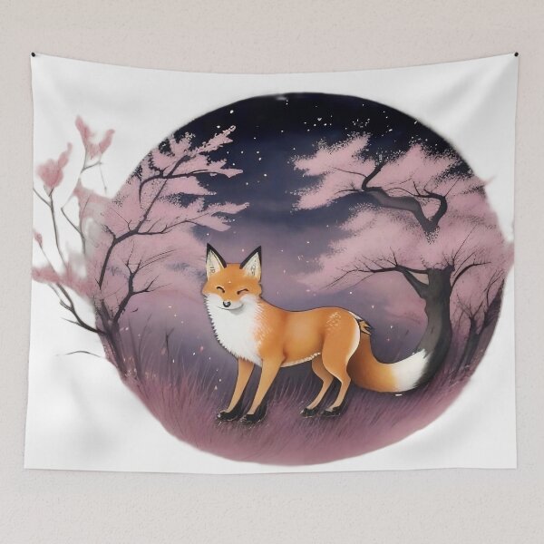 Item preview, Midnight Bloom: Cute Fox Under Cherry Blossoms designed and sold by Serene Strokes Art.
