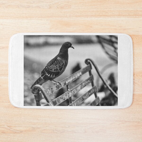 Item preview, Lonely Pigeon Perched On Weathered Park Bench In Monochrome Urban Scene designed and sold by Nmallia.