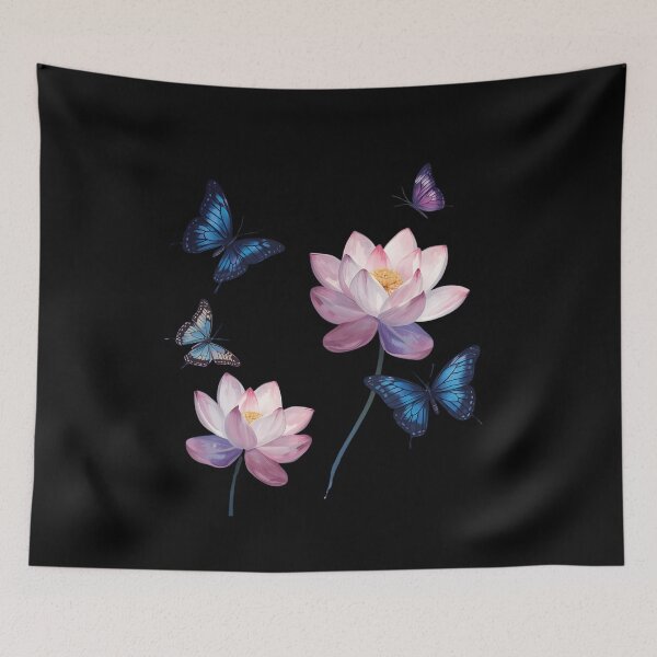 Item preview, Pink lotus flowers and blue butterflies designed and sold by uunaa.