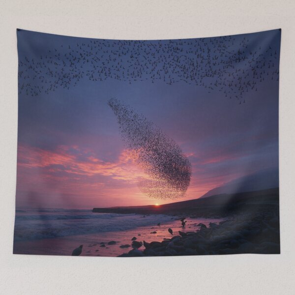 Item preview, A flock of European Starlings forming murmuration patterns at sunset, Birds in Motion designed and sold by CDC40.