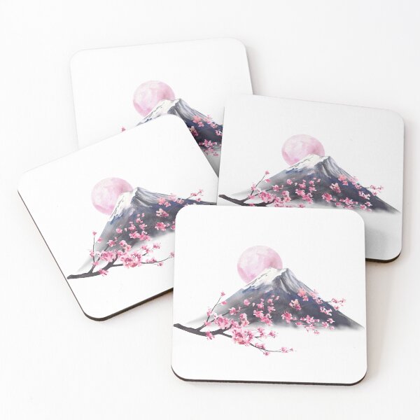 Item preview, Mount Fuji and Blooming sakura tree branch with pink cherry blossoms and sun.. Watercolor Japan Landmark designed and sold by BartolArt.