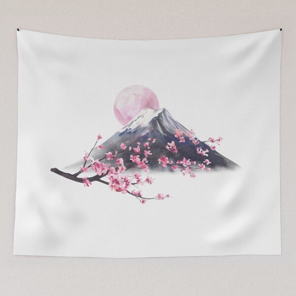 Item preview, Mount Fuji and Blooming sakura tree branch with pink cherry blossoms and sun.. Watercolor Japan Landmark designed and sold by BartolArt.