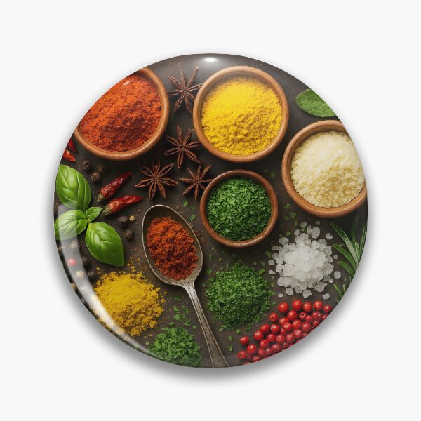 Item preview, Colorful Spices and Wooden Spoon on Rustic Table – Top View Kitchen Scene designed and sold by EmeraldeaArt.
