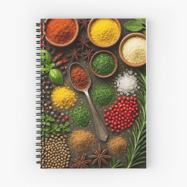 Item preview, Colorful Spices and Wooden Spoon on Rustic Table – Top View Kitchen Scene designed and sold by EmeraldeaArt.