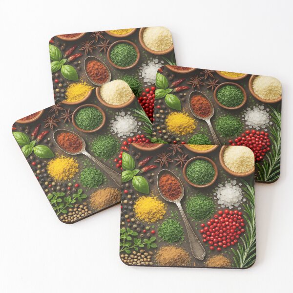 Item preview, Colorful Spices and Wooden Spoon on Rustic Table – Top View Kitchen Scene designed and sold by EmeraldeaArt.