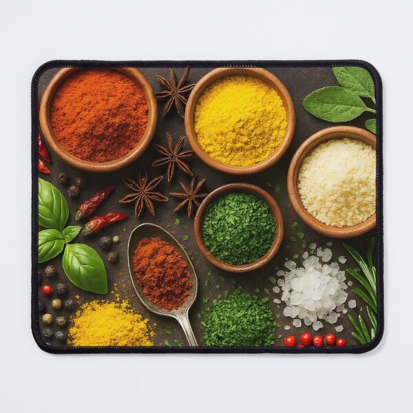Item preview, Colorful Spices and Wooden Spoon on Rustic Table – Top View Kitchen Scene designed and sold by EmeraldeaArt.