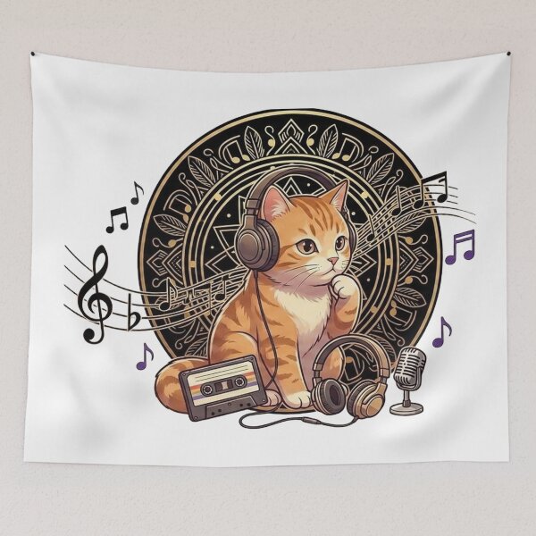 Item preview, Orange Cat Music Lover Retro Art designed and sold by MusicalmeStudio.