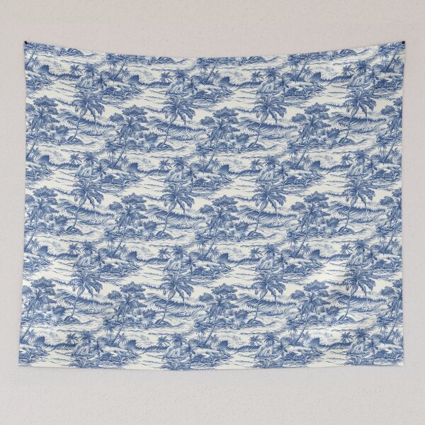 Item preview, Vintage Blue Ocean Wave Toile de Jouy, Mediterranean Coastal Landscape Scene Blue, Antique Nautical Wave and Palm Toile, Blue and White Sea Surf Toile de Jouy, Elegant Island Harbor Scenic Pattern designed and sold by VivaFy.