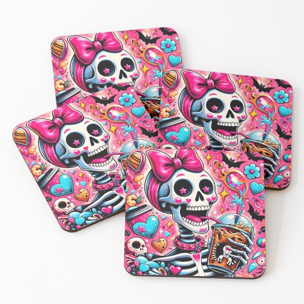 Item preview, Aesthetic Pink Goth Skeleton Girl Drinking Iced Coffee - Y2K Starry Heart Art designed and sold by Lulunza.