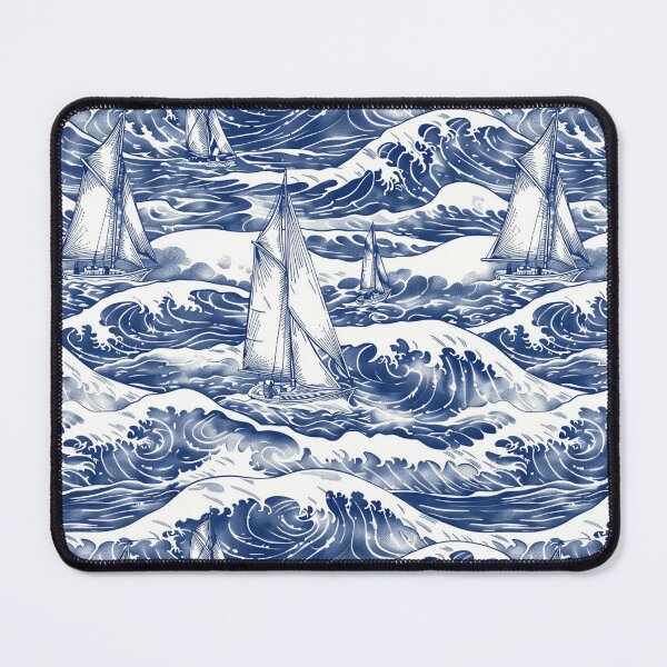 Item preview, Vintage Sailboat and Stormy Wave Toile, Blue Nautical Ocean Wave Sailing Scene, Antique Maritime Sailboat Toile de Jouy, Classic Navy White Sea Wave Pattern, Stormy Sea Sailing Sketch Illustration designed and sold by VivaFy.