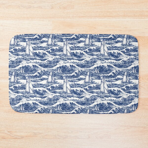 Item preview, Vintage Sailboat and Stormy Wave Toile, Blue Nautical Ocean Wave Sailing Scene, Antique Maritime Sailboat Toile de Jouy, Classic Navy White Sea Wave Pattern, Stormy Sea Sailing Sketch Illustration designed and sold by VivaFy.