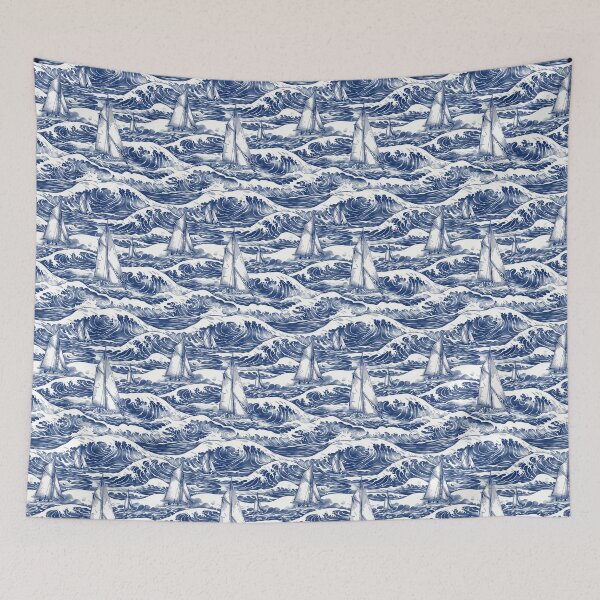Item preview, Vintage Sailboat and Stormy Wave Toile, Blue Nautical Ocean Wave Sailing Scene, Antique Maritime Sailboat Toile de Jouy, Classic Navy White Sea Wave Pattern, Stormy Sea Sailing Sketch Illustration designed and sold by VivaFy.