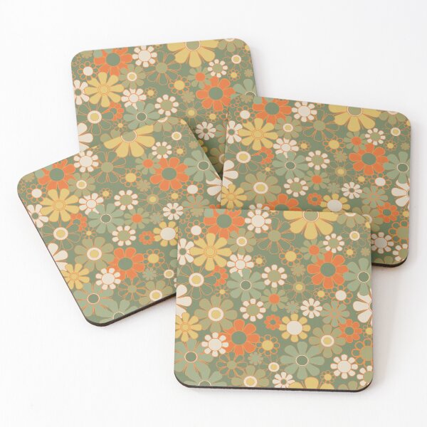 Item preview, Vintage Floral Retro Garden 70s Pattern in Mossy Sage Olive Green Orange Yellow designed and sold by kierkegaard.