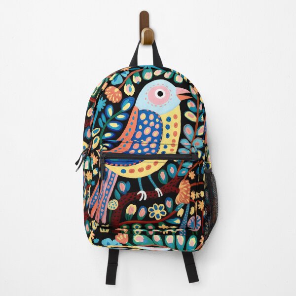 Item preview, Colorful Folk Art Bird on Floral Branch designed and sold by Filora Atelier | Bird Art.