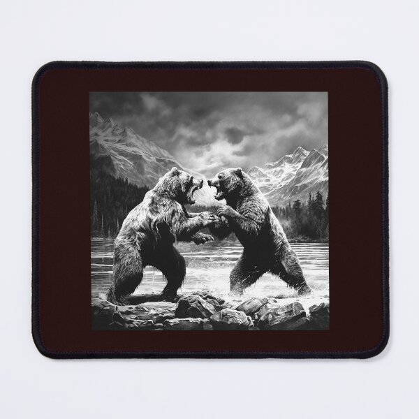 Item preview, Fighting Bears in Mountain Lake Black and White Wildlife Illustration designed and sold by inkoutninja.