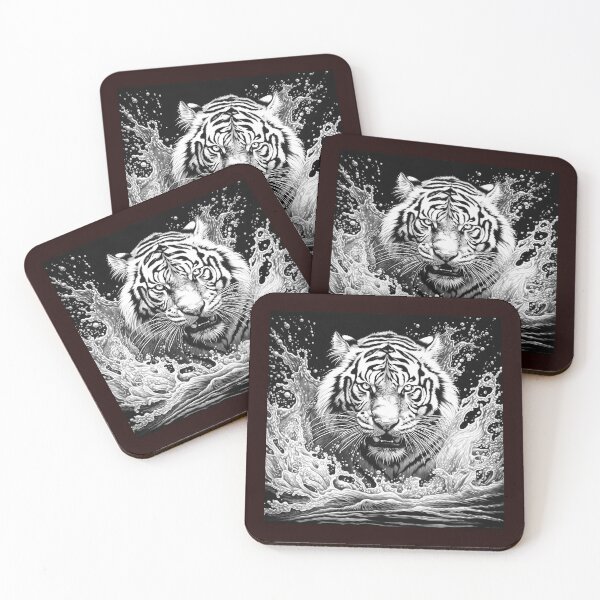 Item preview, Tiger in Splashing Water Black and White Wildlife Illustration designed and sold by inkoutninja.