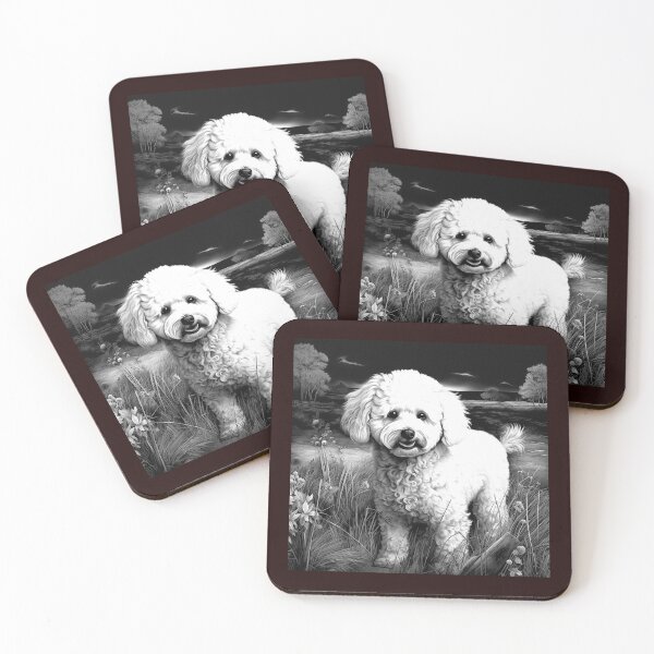 Item preview, Cute White Poodle in Meadow Black and White Dog Illustration designed and sold by inkoutninja.